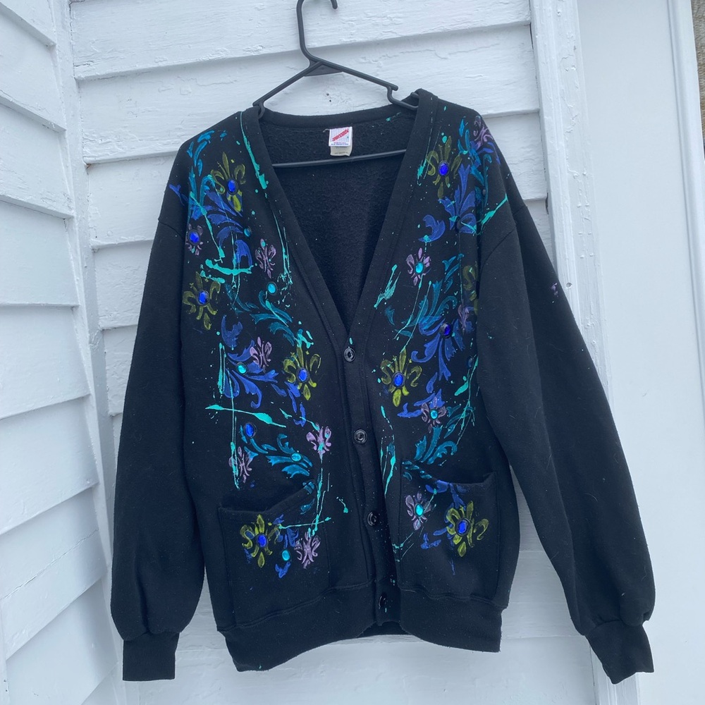 Jerzees Black Granny Cardigan with Hand Painted Blue and Purple Floral Design